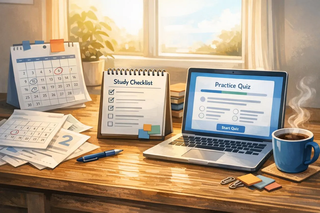 A study desk with a laptop showing a practice quiz, a calendar, a checklist and a cup of coffee