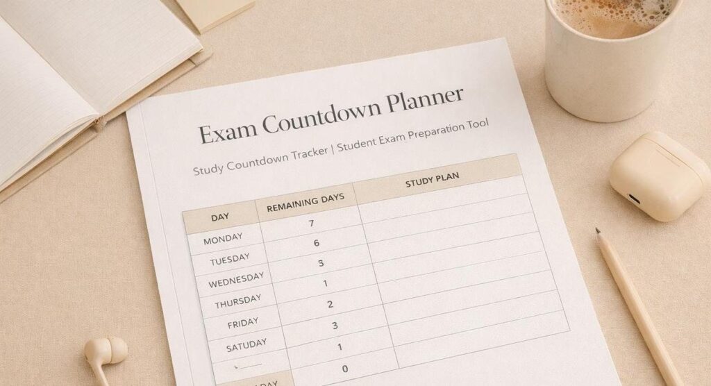 Preview of the Exam Countdown Planner showing days remaining and a study plan column