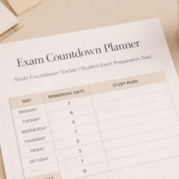 Preview of the Exam Countdown Planner showing days remaining and a study plan column