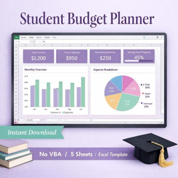 Preview of the Student Budget Planner spreadsheet with a monthly overview and expense breakdown